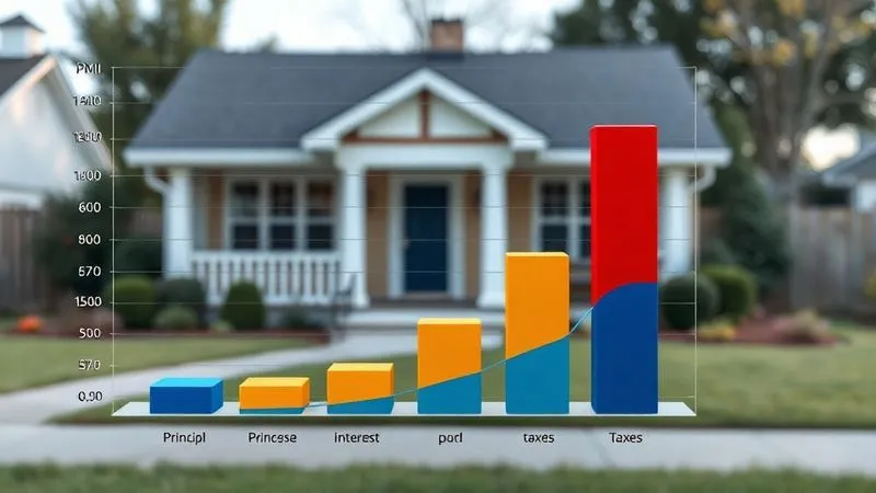 A photorealistic 3D bar chart clearly illustrating the breakdown of a monthly mortgage payment, highlighting a significant portion dedicated to Private Mortgage Insurance (PMI) alongside principal, interest, and taxes. The chart should use contrasting colors to emphasize the PMI segment, set against a backdrop of a modest, well-maintained home. Cinematic lighting, sharp focus, depth of field, 8K hyper-detailed, professional photography.