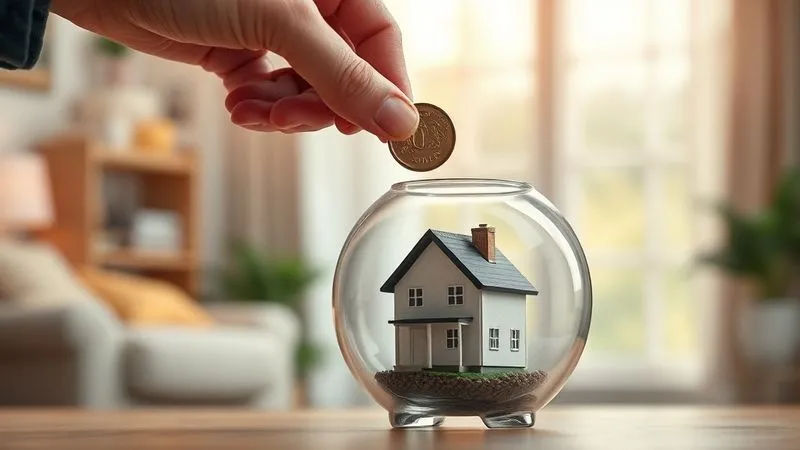 A photorealistic image of a hand placing a coin into a transparent piggy bank, with a small house figurine inside. The background shows a blurry, warm-lit interior of a modest, well-maintained home. The focus is on the coin and piggy bank, symbolizing consistent small savings contributing to home equity. Cinematic lighting, sharp focus, depth of field, 8K hyper-detailed, professional photography, conveying a sense of disciplined progress.