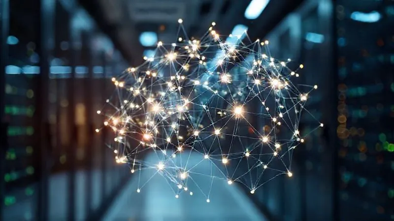 A photorealistic, professional photography shot of a complex, glowing AI neural network depicted as a three-dimensional web of interconnected nodes, surrounded by a subtle, translucent protective barrier. The background is a blurred, modern data center, 8K, cinematic lighting, sharp focus on the AI network, depth of field, shot on a high-end DSLR.