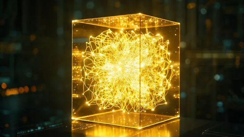 A photorealistic image showing a glowing, intricate neural network inside a transparent, dark cube, symbolizing the "black box" nature of AI. Data streams flow in and out, but the internal processes are a complex, interwoven web of light, emphasizing mystery and complexity. professional photography, 8K, cinematic lighting, sharp focus on the cube, depth of field blurring a tech background, shot on a high-end DSLR.