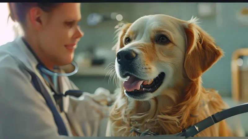 photorealistic, professional photography, 8K, cinematic lighting, sharp focus, depth of field, shot on a high-end DSLR. A happy, healthy golden retriever dog receiving a gentle check-up from a caring veterinarian, a stethoscope against its chest, both smiling slightly, in a clean, modern vet clinic. Soft, warm light. Focus on the bond and preventative care. photorealistic, professional photography, 8K, cinematic lighting, sharp focus, depth of field, shot on a high-end DSLR. A happy, healthy golden retriever dog receiving a gentle check-up from a caring veterinarian, a stethoscope against its chest, both smiling slightly, in a clean, modern vet clinic. Soft, warm light. Focus on the bond and preventative care.