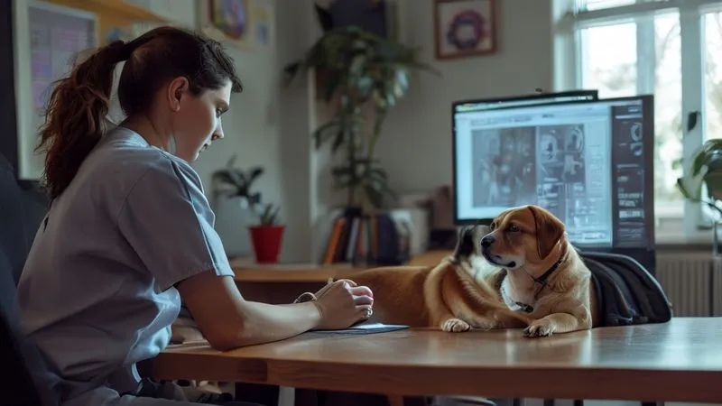 photorealistic, professional photography, 8K, cinematic lighting, sharp focus, depth of field, shot on a high-end DSLR. A compassionate female veterinarian, in scrubs, sitting across a table from a concerned pet owner, discussing a digital X-ray on a monitor. The owner is engaged, asking questions, and the vet is patiently explaining. A well-behaved dog rests calmly nearby. Focus on clear communication and empathetic discussion. photorealistic, professional photography, 8K, cinematic lighting, sharp focus, depth of field, shot on a high-end DSLR. A compassionate female veterinarian, in scrubs, sitting across a table from a concerned pet owner, discussing a digital X-ray on a monitor. The owner is engaged, asking questions, and the vet is patiently explaining. A well-behaved dog rests calmly nearby. Focus on clear communication and empathetic discussion.