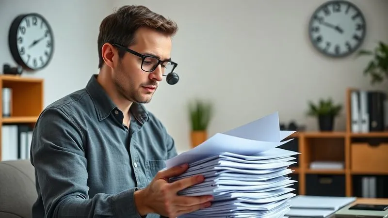 A photorealistic, professional photography, 8K, cinematic lighting, sharp focus, depth of field, shot on a high-end DSLR of a person with a focused expression, wearing business casual attire, meticulously reviewing a stack of official documents with a magnifying glass, in a well-lit, organized home office. A clock on the wall subtly indicates time passing, emphasizing urgency and careful review.