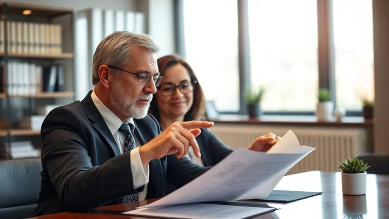 A photorealistic, professional photography, 8K, cinematic lighting, sharp focus, depth of field, shot on a high-end DSLR of a claimant and a compassionate, experienced attorney reviewing documents together in a modern, well-lit law office. The attorney is gesturing to a specific section of a document, offering guidance, while the claimant listens intently, conveying a sense of collaboration and trusted advice.