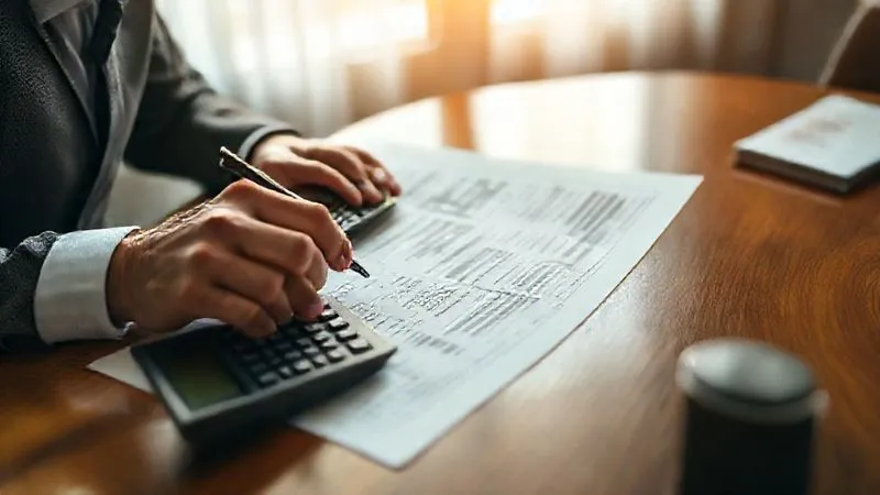 Photorealistic professional photography of a person intently reviewing complex financial documents, with a calculator and pen on a polished wooden desk, soft natural light illuminating the scene, sharp focus on the documents, depth of field blurring the background, 8K hyper-detailed, shot on a high-end DSLR, conveying diligence and concern.