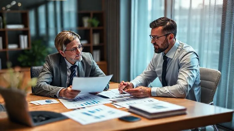 Photorealistic professional photography of a financial advisor and a client at a modern office desk, engaged in a serious discussion, with charts and documents spread out, cinematic lighting highlighting their faces, sharp focus on their interaction, depth of field blurring the background, 8K hyper-detailed, shot on a high-end DSLR, conveying trust and expert guidance.