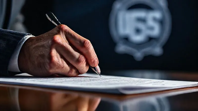 photorealistic, professional photography, 8K, cinematic lighting, sharp focus, depth of field, shot on a high-end DSLR, a close-up of a hand signing a complex insurance policy document, with a professional sports team logo subtly visible in the background, representing a crucial step in athlete financial protection. The lighting should be dramatic, highlighting the importance of the moment.