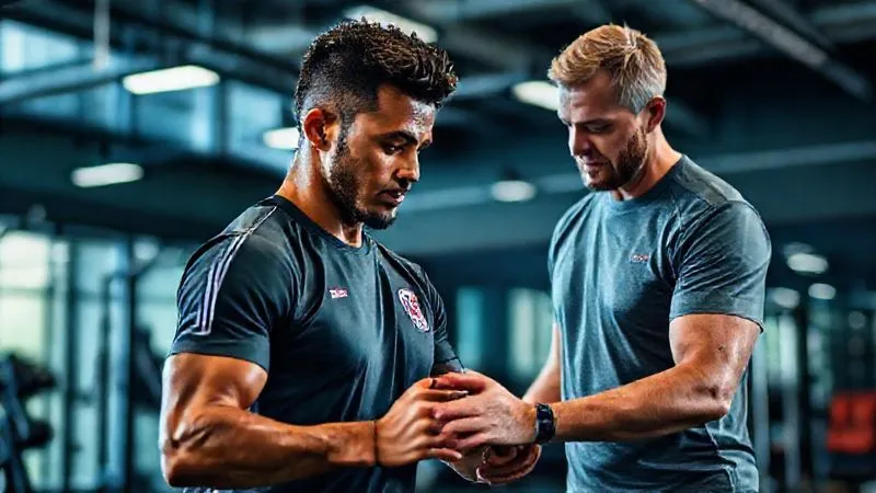 photorealistic, professional photography, 8K, cinematic lighting, sharp focus, depth of field, shot on a high-end DSLR, a professional athlete, possibly a soccer player or track runner, engaged in a highly focused and controlled rehabilitation exercise with a physical therapist in a modern, well-equipped facility. The scene emphasizes dedication to recovery and injury prevention, with a sense of hope and determination.