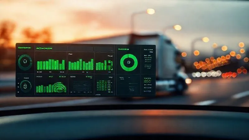 A photorealistic, professional photography, 8K, cinematic lighting, sharp focus, depth of field, shot on a high-end DSLR. A sleek, modern telematics dashboard displaying real-time fleet data with green safety scores and routes, overlaid with a subtle blurred image of a commercial truck on the road, symbolizing advanced monitoring and safety technology.
