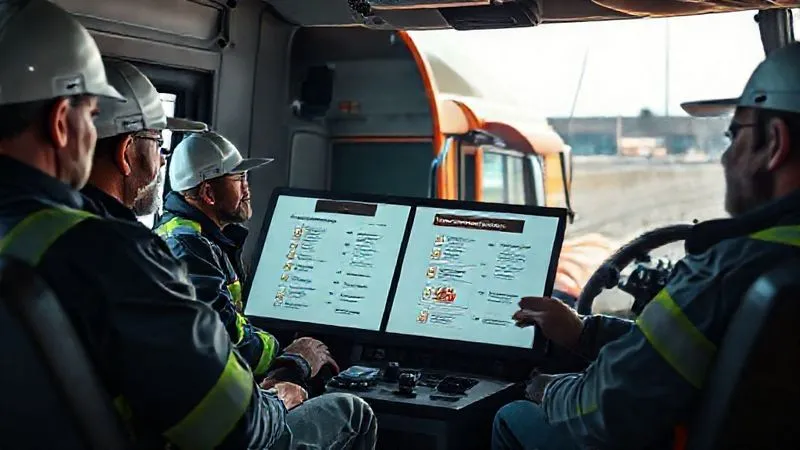 A photorealistic, professional photography, 8K, cinematic lighting, sharp focus, depth of field, shot on a high-end DSLR. A diverse group of commercial truck drivers and fleet managers engaged in a collaborative safety meeting, actively discussing best practices and reviewing a digital safety checklist on a large screen, conveying a strong, proactive safety culture.