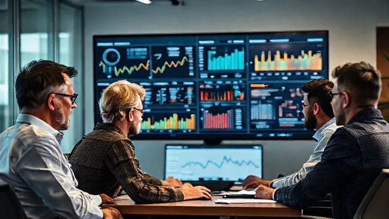 A photorealistic, professional photography, 8K, cinematic lighting, sharp focus, depth of field, shot on a high-end DSLR. A diverse team of fleet managers and data analysts intently collaborating around a large monitor displaying complex charts and graphs of fleet performance and safety metrics, symbolizing continuous monitoring and data-driven decision-making in a modern office environment.