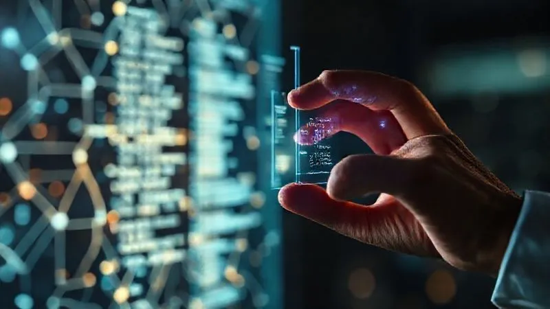 photorealistic, professional photography, 8K, cinematic lighting, sharp focus, depth of field, shot on a high-end DSLR. A human hand interacting with a holographic interface displaying intricate medical codes and claim data, with abstract AI neural network patterns glowing in the background, symbolizing advanced technology assisting human expertise in healthcare claims processing.