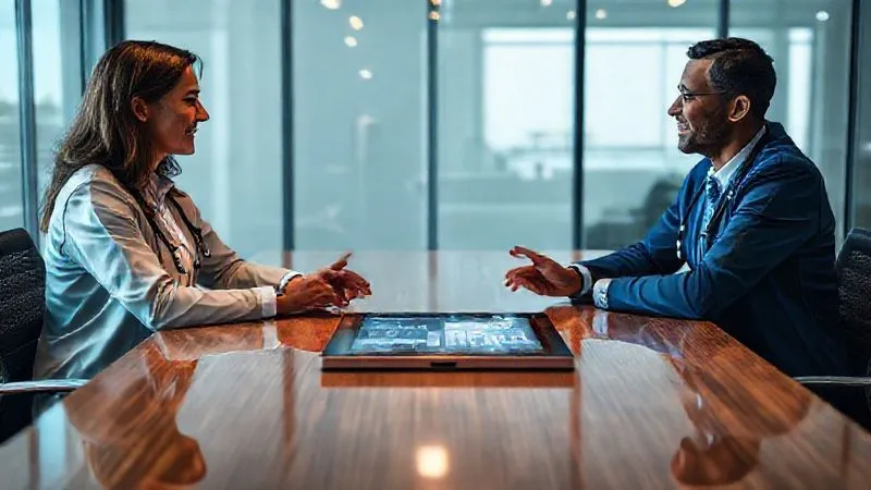photorealistic, professional photography, 8K, cinematic lighting, sharp focus, depth of field, shot on a high-end DSLR. Two diverse healthcare professionals, one representing a provider organization and the other a payer, engaged in a constructive, friendly dialogue across a modern conference table, a tablet displaying data between them, symbolizing collaboration and problem-solving in claims management.