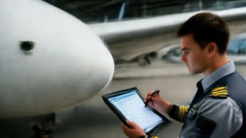 A photorealistic, highly detailed image of a pilot meticulously documenting an aircraft incident. The pilot is wearing a professional flight suit, holding a tablet displaying a digital incident report form, with a pen in hand. In the background, a minor scuff mark is visible on the aircraft's wingtip, with measuring tape and a small camera nearby. Cinematic lighting highlights the pilot's focused expression and the intricate details of the documentation, conveying diligence and professionalism. 8K, sharp focus, depth of field, professional photography, shot on a high-end DSLR.