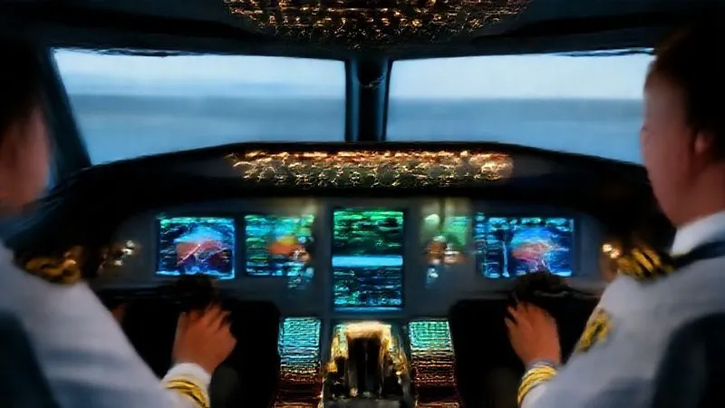 A photorealistic image of a pilot in a modern cockpit, intensely focused on a multi-function display (MFD) showing real-time flight data monitoring (FDM) graphics and advanced weather overlays. The cockpit is illuminated by the soft glow of the instruments, with cinematic lighting emphasizing the pilot's serious expression and the intricate details of the avionics. Sharp focus on the MFD and the pilot's hands on the controls, depth of field blurring the background elements of the cockpit. 8K, professional photography, shot on a high-end DSLR.
