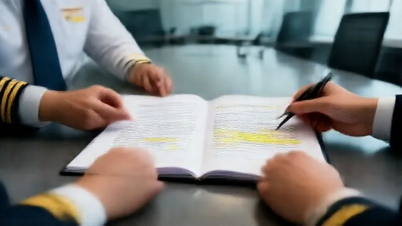 A photorealistic, professional photography image of a pair of hands, one belonging to a pilot and the other to an insurance broker, meticulously reviewing a complex aviation insurance policy document. The document is open on a polished boardroom table, with key sections highlighted and annotated. Cinematic lighting casts soft shadows, highlighting the intricate details of the policy text. Sharp focus on the document and hands, depth of field blurring a modern office background. 8K hyper-detailed, shot on a high-end DSLR.