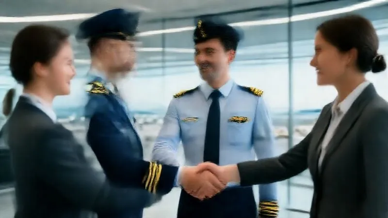 A photorealistic, professional photography image of a firm, reassuring handshake between a pilot in a flight suit and an insurance broker in a business suit. The handshake takes place in a modern, brightly lit office with a subtle background of an airport tarmac visible through a large window. The focus is on the hands and their expressions, conveying trust, collaboration, and a successful agreement. Cinematic lighting, sharp focus, depth of field, 8K hyper-detailed, shot on a high-end DSLR.