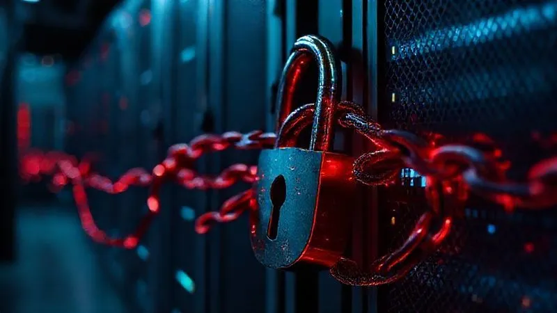 A photorealistic, professional photography, 8K, cinematic lighting, sharp focus, depth of field, shot on a high-end DSLR of a digital padlock with jagged, glowing red chains appearing to bind a corporate network server rack. The scene is dark and tense, with digital code flowing around the lock, symbolizing a system held hostage. No text or logos.