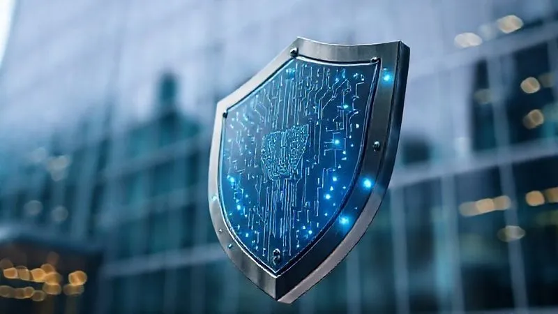 A photorealistic, professional photography, 8K, cinematic lighting, sharp focus, depth of field, shot on a high-end DSLR of a strong, metallic shield with digital circuitry patterns glowing faintly on its surface, positioned defensively in front of a modern corporate building. The background is slightly blurred, suggesting a digital threat looming, while the shield represents cyber insurance protection. No text or logos.