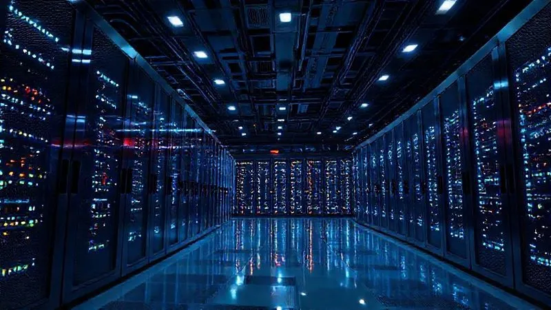 A photorealistic, professional photography, 8K, cinematic lighting, sharp focus, depth of field, shot on a high-end DSLR of a secure, modern data center with multiple layers of glowing digital security barriers. The architecture is robust and futuristic, symbolizing a fortress against cyber threats. No text or logos.