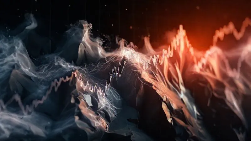 photorealistic, professional photography, 8K, cinematic lighting, sharp focus, depth of field, shot on a high-end DSLR, a dramatic, turbulent stock market chart with sharp peaks and valleys, superimposed with a transparent, steady line representing a protected investment, symbolizing market volatility versus principal protection, emotionally resonant.