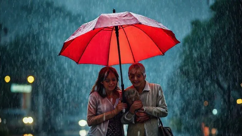 photorealistic, professional photography, 8K, cinematic lighting, sharp focus, depth of field, shot on a high-end DSLR, a strong, vibrant umbrella sheltering a family from a heavy rainstorm, the umbrella represents an annuity rider, the family represents retirement savings, the rain represents market volatility, emotionally resonant.