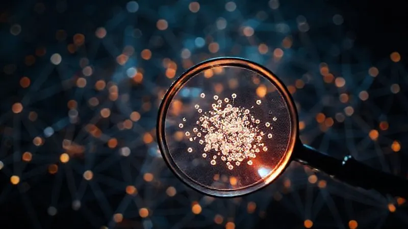 Photorealistic, professional photography, 8K, cinematic lighting, sharp focus, depth of field, shot on a high-end DSLR. A complex, interconnected network of data points and lines forming a 3D graph, with some nodes brightly lit and others dimly glowing, symbolizing both proven and emerging data sources. A magnifying glass hovers over a cluster of faint points, representing the meticulous analysis of proxy data for unproven risks.