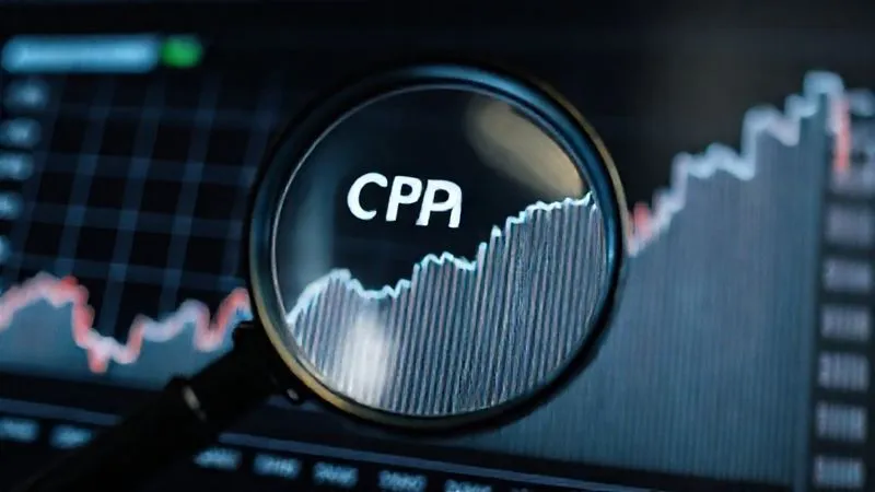 A photorealistic image of a financial chart showing an upward trend of the Consumer Price Index (CPI) over time, with a magnifying glass hovering over it, symbolizing inflation analysis. Professional photography, 8K, cinematic lighting, sharp focus on the chart, depth of field, shot on a high-end DSLR.