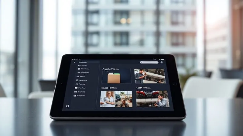 A photorealistic, professional photography shot of a perfectly organized digital document management system interface on a sleek tablet, displaying folders for 'Property Valuations', 'Insurance Policies', and 'Asset Photos'. In the background, a modern office building is subtly blurred. Cinematic lighting, sharp focus on the tablet, depth of field, 8K hyper-detailed, shot on a high-end DSLR.