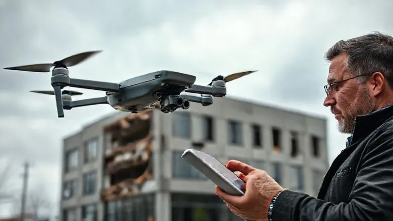 A photorealistic, professional photography shot of a drone with a high-resolution camera flying over a damaged commercial building, capturing aerial footage. A claims adjuster on the ground is observing the drone feed on a tablet, with a focused expression. The scene is overcast but well-lit, showing the scale of damage. Cinematic lighting, sharp focus on the drone and tablet, depth of field, 8K hyper-detailed, shot on a high-end DSLR.