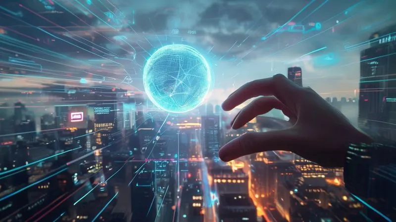 A photorealistic image depicting a futuristic cityscape with holographic interfaces and connected devices, subtly showing lines of code flowing through the air. A human hand reaches out towards a glowing data sphere. Cinematic lighting, sharp focus on the hand and sphere, depth of field blurring the city, 8K hyper-detailed, professional photography. A photorealistic image depicting a futuristic cityscape with holographic interfaces and connected devices, subtly showing lines of code flowing through the air. A human hand reaches out towards a glowing data sphere. Cinematic lighting, sharp focus on the hand and sphere, depth of field blurring the city, 8K hyper-detailed, professional photography.