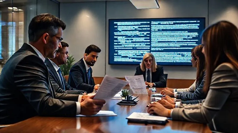 A photorealistic image of a diverse group of executives in a modern boardroom, intensely reviewing legal documents with a lawyer, a large screen displaying complex legal text in the background, cinematic lighting emphasizing their focused expressions, 8K, professional photography, depth of field blurring the room's periphery. A photorealistic image of a diverse group of executives in a modern boardroom, intensely reviewing legal documents with a lawyer, a large screen displaying complex legal text in the background, cinematic lighting emphasizing their focused expressions, 8K, professional photography, depth of field blurring the room's periphery.