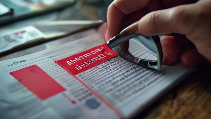 Photorealistic, professional photography, 8K, cinematic lighting, sharp focus, depth of field, shot on a high-end DSLR. A close-up of a hand holding a red stamp on a visa application form that says 'REJECTED', with a magnifying glass hovering over the insurance details section, highlighting the fine print and specific clauses. The background is blurred documents and a passport. Photorealistic, professional photography, 8K, cinematic lighting, sharp focus, depth of field, shot on a high-end DSLR. A close-up of a hand holding a red stamp on a visa application form that says 'REJECTED', with a magnifying glass hovering over the insurance details section, highlighting the fine print and specific clauses. The background is blurred documents and a passport.