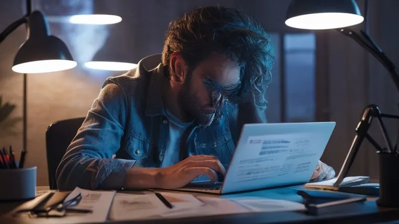 Photorealistic, professional photography, 8K, cinematic lighting, sharp focus, depth of field, shot on a high-end DSLR. A determined traveler sitting at a desk, intensely focused on a laptop screen displaying insurance policy options, with a smartphone in hand as if on a call, surrounded by official documents and a pen. The lighting is bright and focused, conveying a sense of urgent problem-solving. Photorealistic, professional photography, 8K, cinematic lighting, sharp focus, depth of field, shot on a high-end DSLR. A determined traveler sitting at a desk, intensely focused on a laptop screen displaying insurance policy options, with a smartphone in hand as if on a call, surrounded by official documents and a pen. The lighting is bright and focused, conveying a sense of urgent problem-solving.