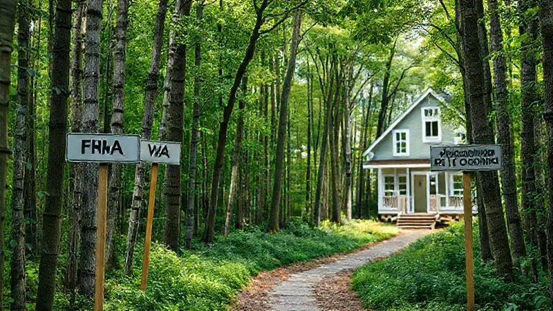 A photorealistic image showing a clear, distinct path through a dense, but navigable, financial forest, with signs for 'FHA', 'VA', 'Conventional' loans. The path leads to a bright, open home. Professional photography, 8K, cinematic lighting, sharp focus, depth of field, shot on a high-end DSLR.