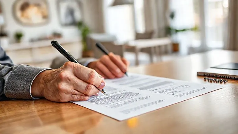 A photorealistic image of a person confidently signing mortgage documents, with a clear, organized desk in front of them. The background shows a modern, bright home interior, symbolizing successful homeownership. Professional photography, 8K, cinematic lighting, sharp focus on the documents and hands, depth of field blurring the background, shot on a high-end DSLR.