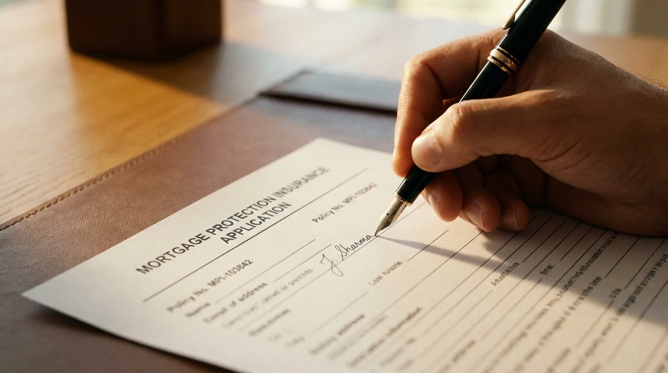 Signing a mortgage protection insurance application, emphasizing the importance of accuracy and completeness.