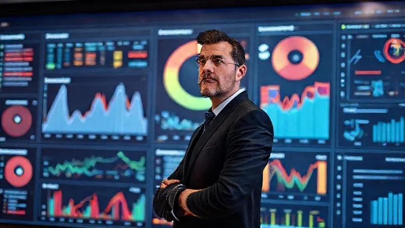 A photorealistic, professional photography image of a business executive standing in front of a complex digital dashboard displaying various risk metrics and heatmaps, with arrows pointing to different categories of threats like 'Regulatory', 'Cybersecurity', 'Supply Chain'. The executive has a thoughtful, determined expression. 8K, cinematic lighting, sharp focus on the executive and dashboard, depth of field blurring the background, shot on a high-end DSLR.