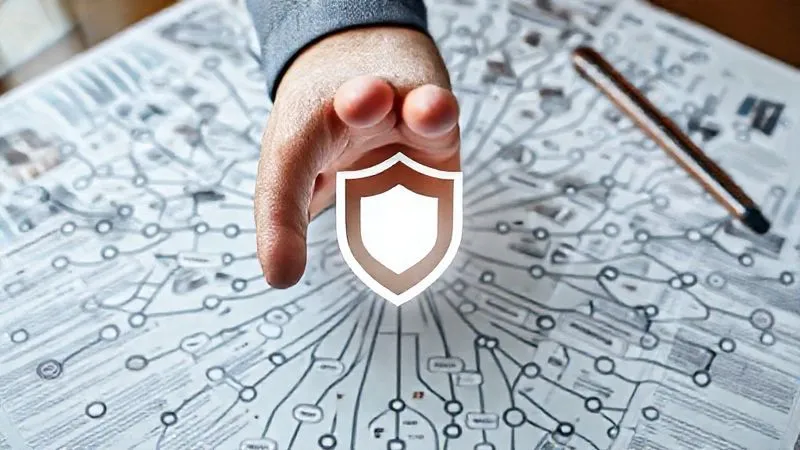 A photorealistic, professional photography image showing a complex web of interconnected insurance policies and legal documents, with a hand placing a final, strong shield icon over the center. The background is slightly blurred with business-related imagery. 8K, cinematic lighting, sharp focus on the documents and hand, depth of field, shot on a high-end DSLR.