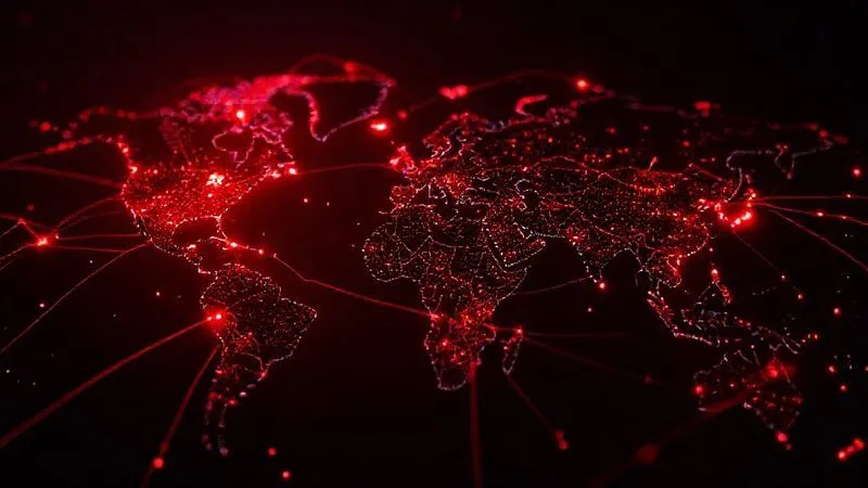 A photorealistic image of a global map overlaid with interconnected glowing red lines, emanating from multiple points and converging, symbolizing a widespread systemic cyberattack. Dark, ominous tones with pockets of intense digital light, cinematic lighting, sharp focus, depth of field, 8K, shot on a high-end DSLR. A photorealistic image of a global map overlaid with interconnected glowing red lines, emanating from multiple points and converging, symbolizing a widespread systemic cyberattack. Dark, ominous tones with pockets of intense digital light, cinematic lighting, sharp focus, depth of field, 8K, shot on a high-end DSLR.