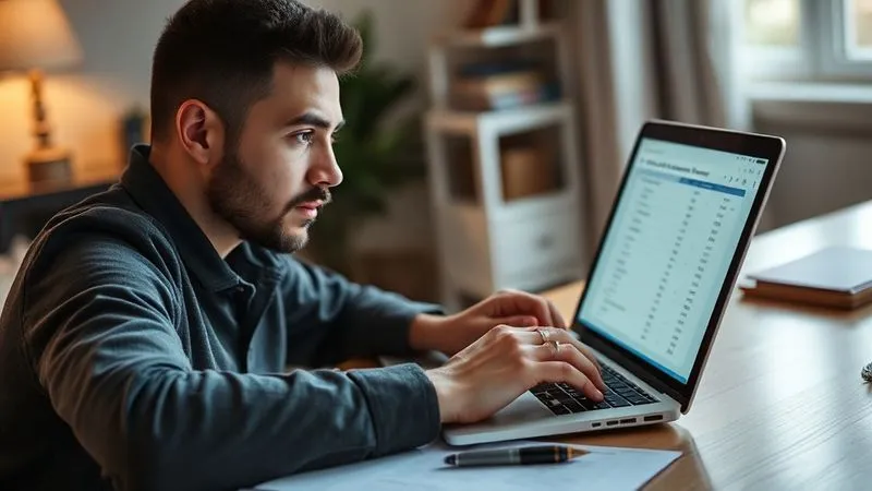 A photorealistic, professional photography, 8K, cinematic lighting, sharp focus, depth of field, shot on a high-end DSLR of a person with a focused expression, sitting at a laptop, diligently updating their health insurance marketplace application. The screen shows forms with blurred financial data, and there's a pen and paper nearby for notes. The setting is a well-lit home office, conveying responsibility and proactivity.