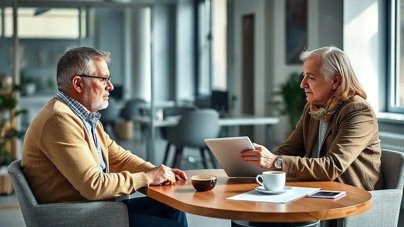 A photorealistic, professional photography, 8K, cinematic lighting, sharp focus, depth of field, shot on a high-end DSLR of a diverse client couple (one expressing slight concern, the other attentive) sitting across from a professional, empathetic health insurance broker in a bright, modern office. The broker is pointing to information on a tablet, explaining complex options with clarity and reassurance. A cup of coffee and some documents are on the table.
