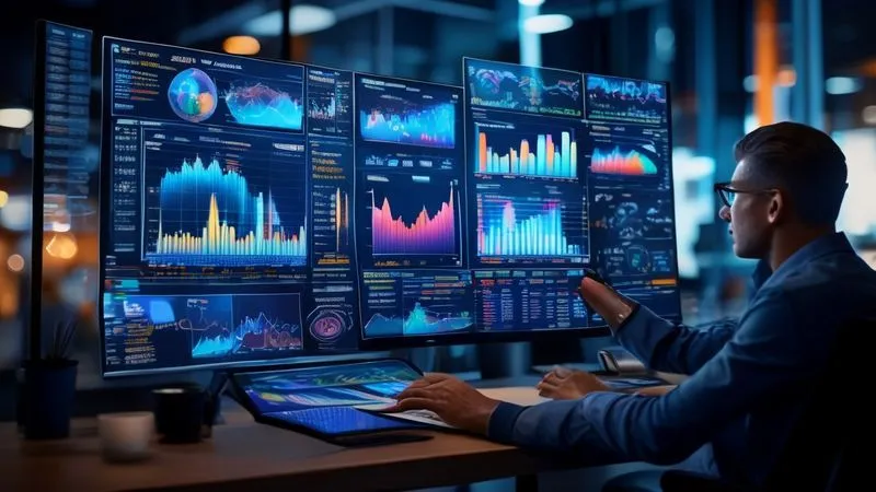 A photorealistic image of a sophisticated data dashboard displaying intricate charts and graphs related to risk assessment and pricing models. The screen shows predictive analytics with trend lines, surrounded by a professional working environment with a focus on data integrity. Professional photography, 8K, cinematic lighting, sharp focus on the dashboard, depth of field blurring the background, shot on a high-end DSLR, conveying analytical depth and technological advancement.