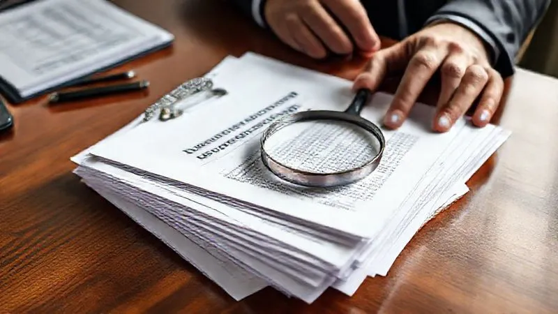 A photorealistic, professional photography, 8K, cinematic lighting, sharp focus, depth of field, shot on a high-end DSLR. Image shows a stack of various commercial insurance policy documents (General Liability, Auto, Workers' Comp) neatly organized on a polished wooden desk, with a magnifying glass resting on one, highlighting fine print. A business professional's hands are visible, meticulously reviewing the documents, symbolizing a thorough audit.