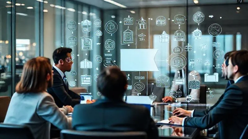 A photorealistic, professional photography, 8K, cinematic lighting, sharp focus, depth of field, shot on a high-end DSLR. Image shows a diverse group of business professionals in a modern conference room, intensely brainstorming and mapping out potential risks on a large glass whiteboard. Various icons representing cyber threats, market changes, and operational hazards are visible. The mood is collaborative and focused on foresight.