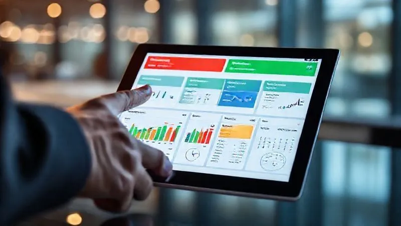 A photorealistic, professional photography, 8K, cinematic lighting, sharp focus, depth of field, shot on a high-end DSLR. Image shows a modern, sleek tablet displaying a sophisticated insurance policy management dashboard with interactive graphs and charts. On the screen, color-coded sections highlight 'Coverage Gaps Identified' in red, with green sections for 'Secure Coverage'. A business professional's hand is interacting with the screen, indicating proactive management.