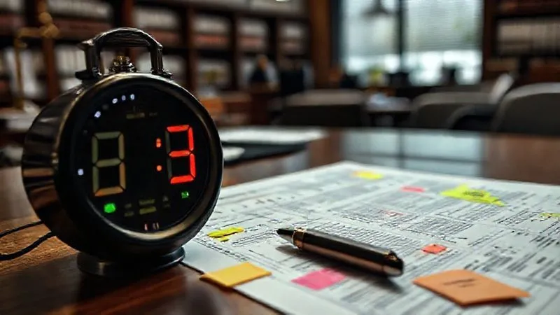 A photorealistic, professional photography, 8K image of a complex legal document with multiple highlighter marks and sticky notes, overlaid with a digital clock showing elapsed time, cinematic lighting, sharp focus on the document, depth of field blurring the background of a busy law office. Shot on a high-end DSLR, conveying the burden of time and complexity. A photorealistic, professional photography, 8K image of a complex legal document with multiple highlighter marks and sticky notes, overlaid with a digital clock showing elapsed time, cinematic lighting, sharp focus on the document, depth of field blurring the background of a busy law office. Shot on a high-end DSLR, conveying the burden of time and complexity.