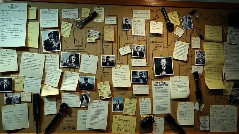 A photorealistic image of a detective's board with interconnected notes, photos, and strings, depicting a complex timeline and evidence gathering, cinematic lighting, sharp focus, depth of field, 8K hyper-detailed.