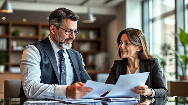 A photorealistic image of a lawyer and a client in a modern, well-lit office, engaged in a serious but reassuring discussion. The lawyer is gesturing towards documents, conveying expertise and guidance. Cinematic lighting, sharp focus, depth of field, 8K hyper-detailed.