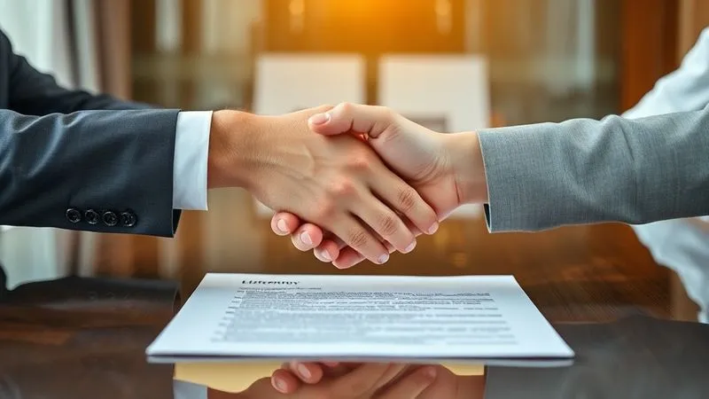 A photorealistic image of two professional hands shaking over a legal document on a polished conference table, suggesting a successful negotiation or settlement. The background is blurred, focusing on the hands and document. Cinematic lighting, sharp focus, depth of field, 8K hyper-detailed.